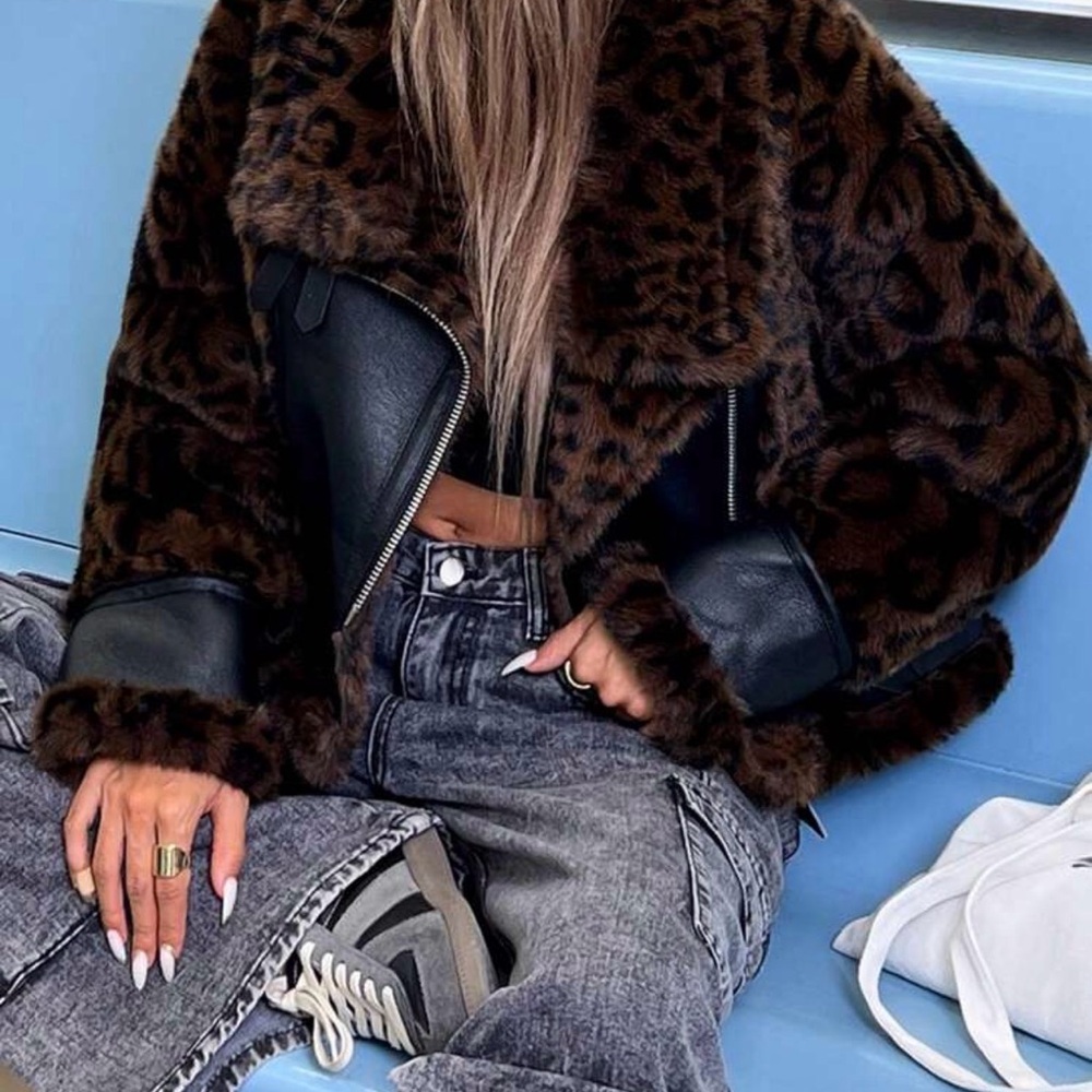 Leopard Print Faux Fur Jacket with Black Accents